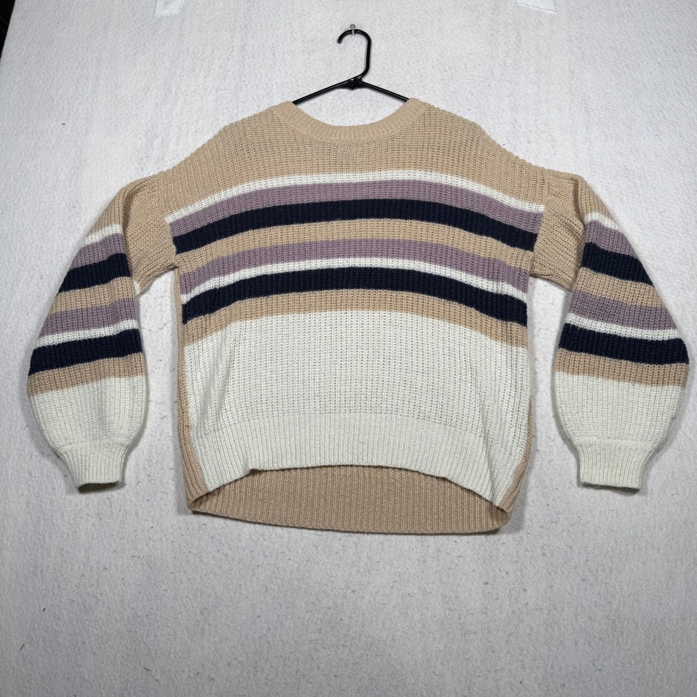 Rue21 Womens Tan Striped Shaker Knit Balloon Sleeve Crew Neck Sweater Size M